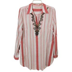 Soft Surroundings striped gauze embellished Tunic pink white‎ Tunic size M